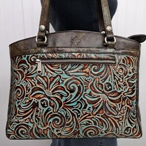 Patricia Nash Tooled Turquoise Poppy Leather Handbag / Tote